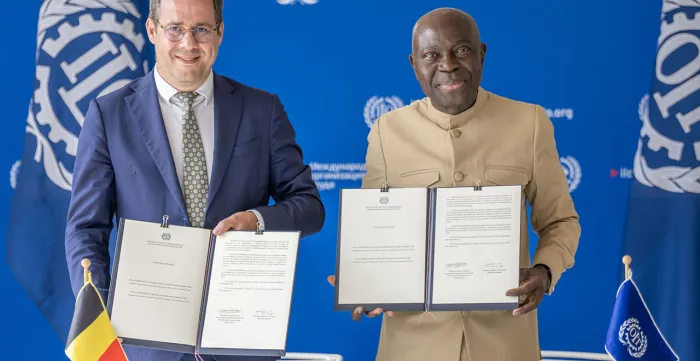 Mr. David Clarinval, Deputy Prime Minister and Minister of Employment, Economy and Agriculture of Belgium, presents the instruments of ratification of Conventions Nos. 131 and 188 to the ILO Director-General, Mr. Gilbert F. Houngbo. 11 June 2025.